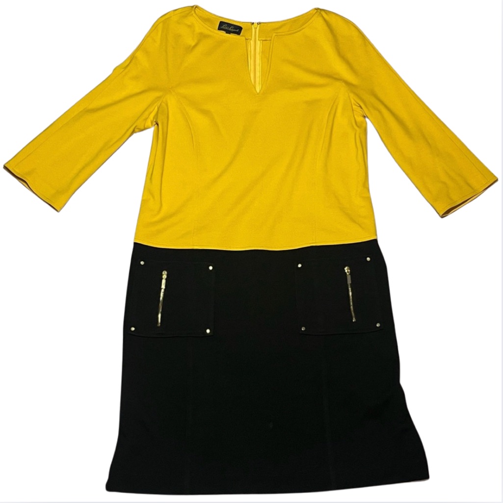 Luisa Spagnoli Size 16 Shift Dress 3/4 Sleeve Colorblock Gold Hardware Modest